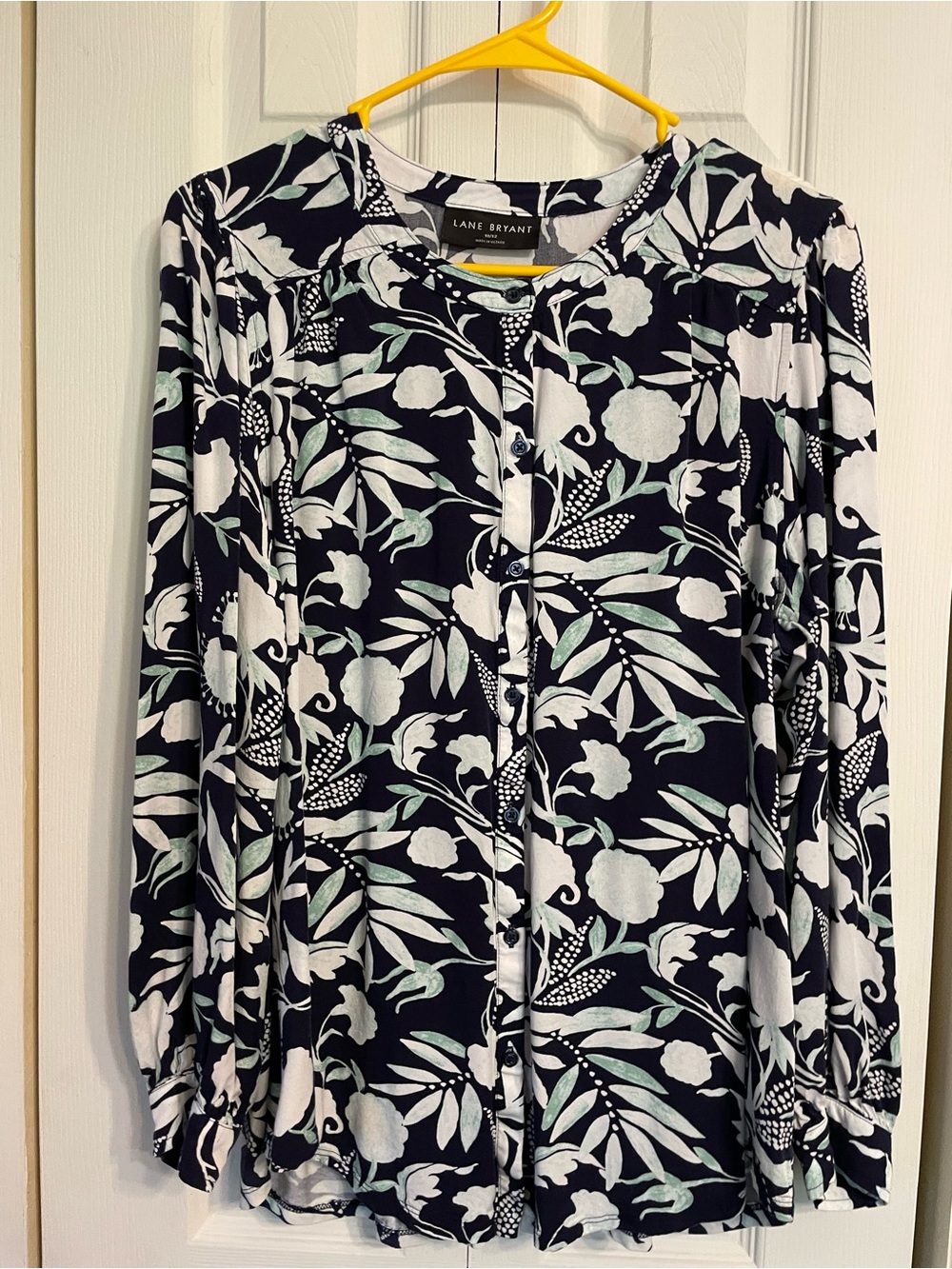 Lane Bryant Black Floral Button-Down Top with Mint Accents